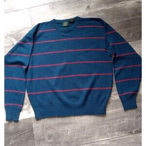 Saddles, Boston, NY, SF  Mens XL 100% Lambs Wool Blue/Red Striped Sweater, Vtg